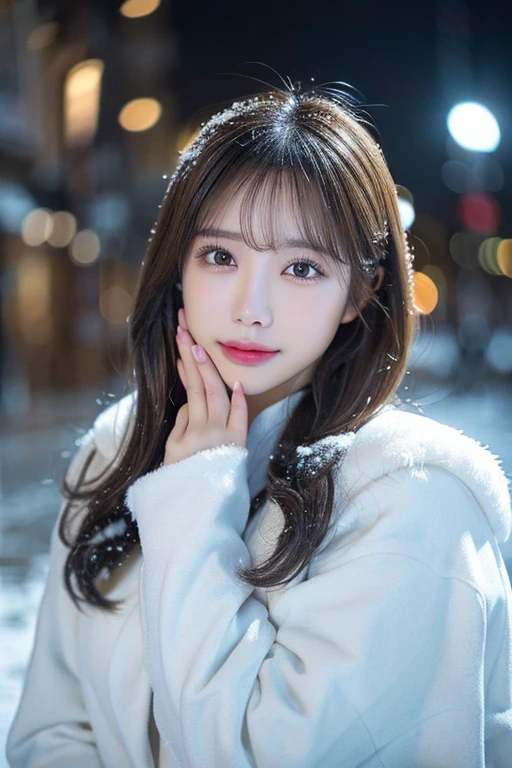 (white oversized coat)、Beige muffler、pose sensual(top-quality,masterpiece:1.3,超A high resolution,),(ultra-detailliert,Caustics),(Photorealsitic:1.4,RAW shooting,)Ultra-realistic capture,A highly detailed,high-definition16Kfor human skin、 Skin texture is natural、、The skin looks healthy with an even tone、 Use natural light and color,One Woman,japanes,,kawaii,A dark-haired,Middle hair,(depth of fields、chromatic abberation、、Wide range of lighting、Natural Shading、)、(Falling snow:1.2)(Hair swaying in the wind:1.2)、(At night, Snow reflects off the exterior lights:1.1)、Beautiful valley、