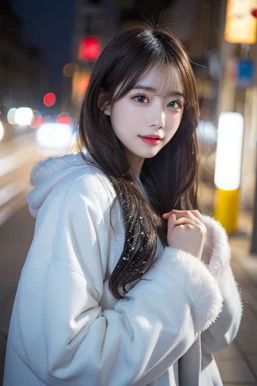 (white oversized coat)、Beige muffler、pose sensual(top-quality,masterpiece:1.3,超A high resolution,),(ultra-detailliert,Caustics),(Photorealsitic:1.4,RAW shooting,)Ultra-realistic capture,A highly detailed,high-definition16Kfor human skin、 Skin texture is natural、、The skin looks healthy with an even tone、 Use natural light and color,One Woman,japanes,,kawaii,A dark-haired,Middle hair,(depth of fields、chromatic abberation、、Wide range of lighting、Natural Shading、)、(Falling snow:1.2)(Hair swaying in the wind:1.2)、(At night, Snow reflects off the exterior lights:1.1)、Beautiful valley、