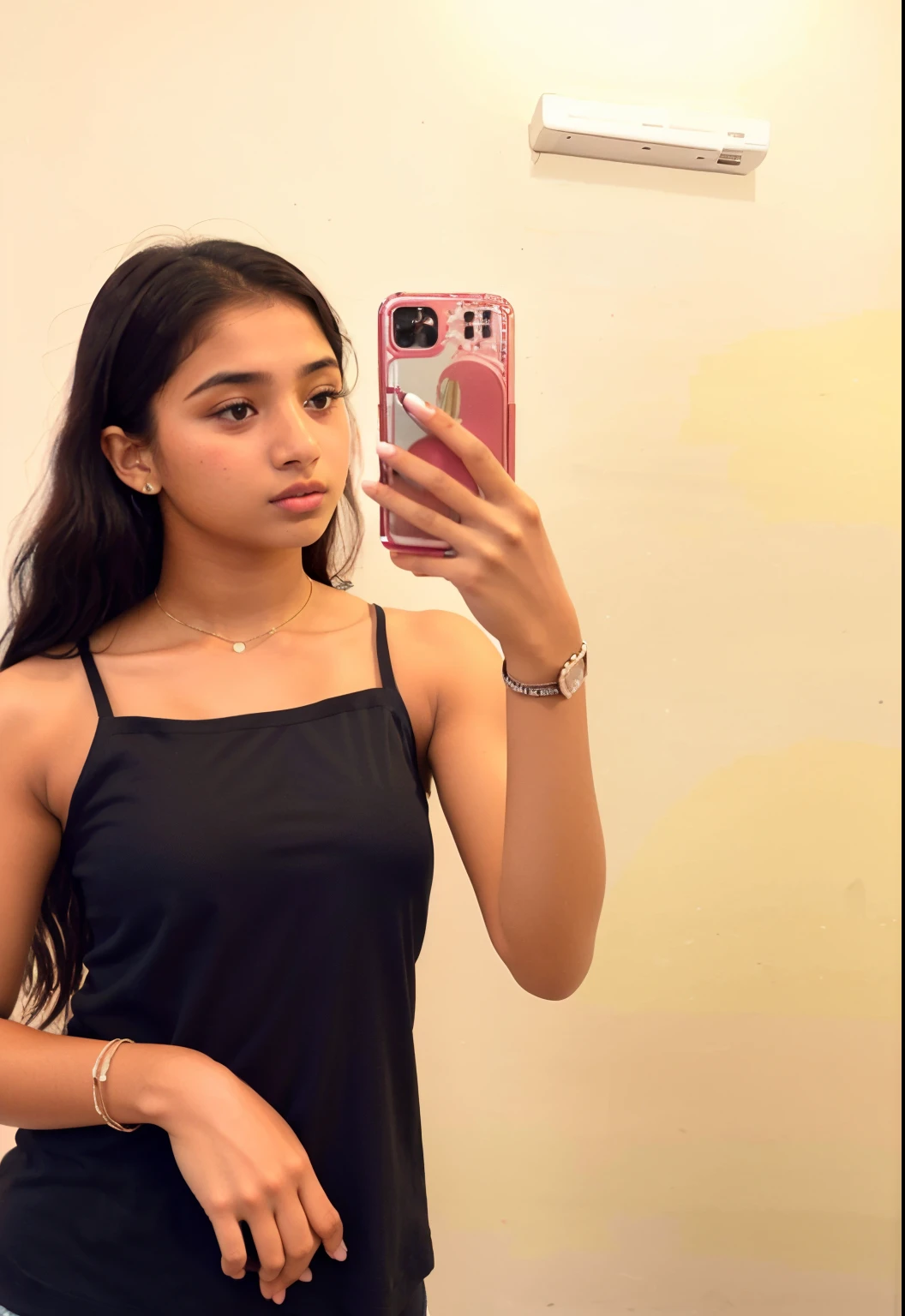 there is a woman taking a selfie in a mirror, she is wearing a black tank top, 18 years old, indian girl with brown skin, 2 4 year old female model, around 1 , wearing a black cropped tank top, selfie of a young woman, 1 6 years oldic, 21 years old, candid photo