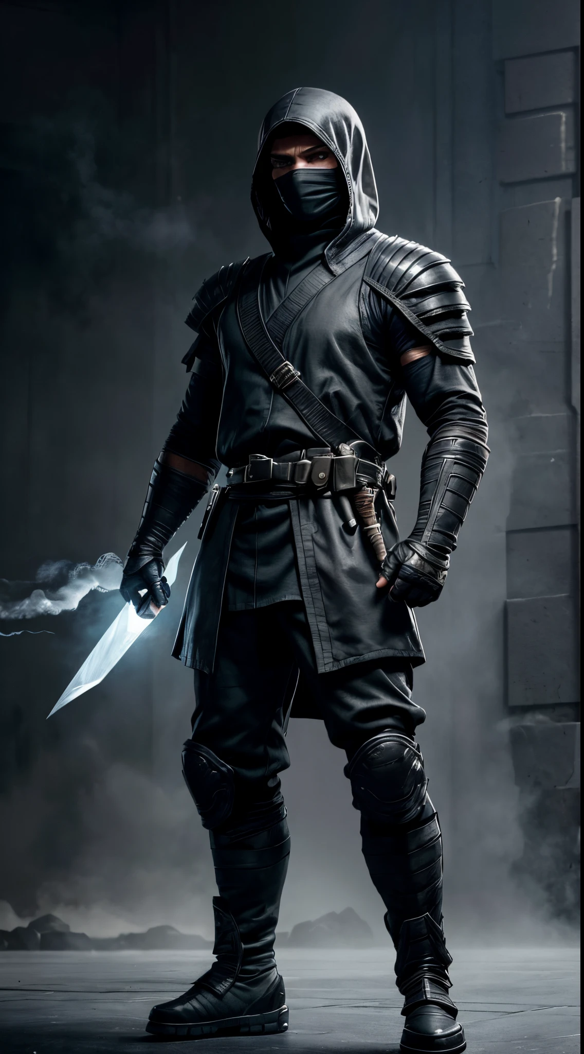 actor ((Cillian Murphy)) as Smoke from Mortal Kombat, fighting stance, light gray ninja-like outfit, black ninja mask, light gray gloves, light gray boots, intricate, high detail, sharp focus, dramatic, photorealistic painting art by greg rutkowski