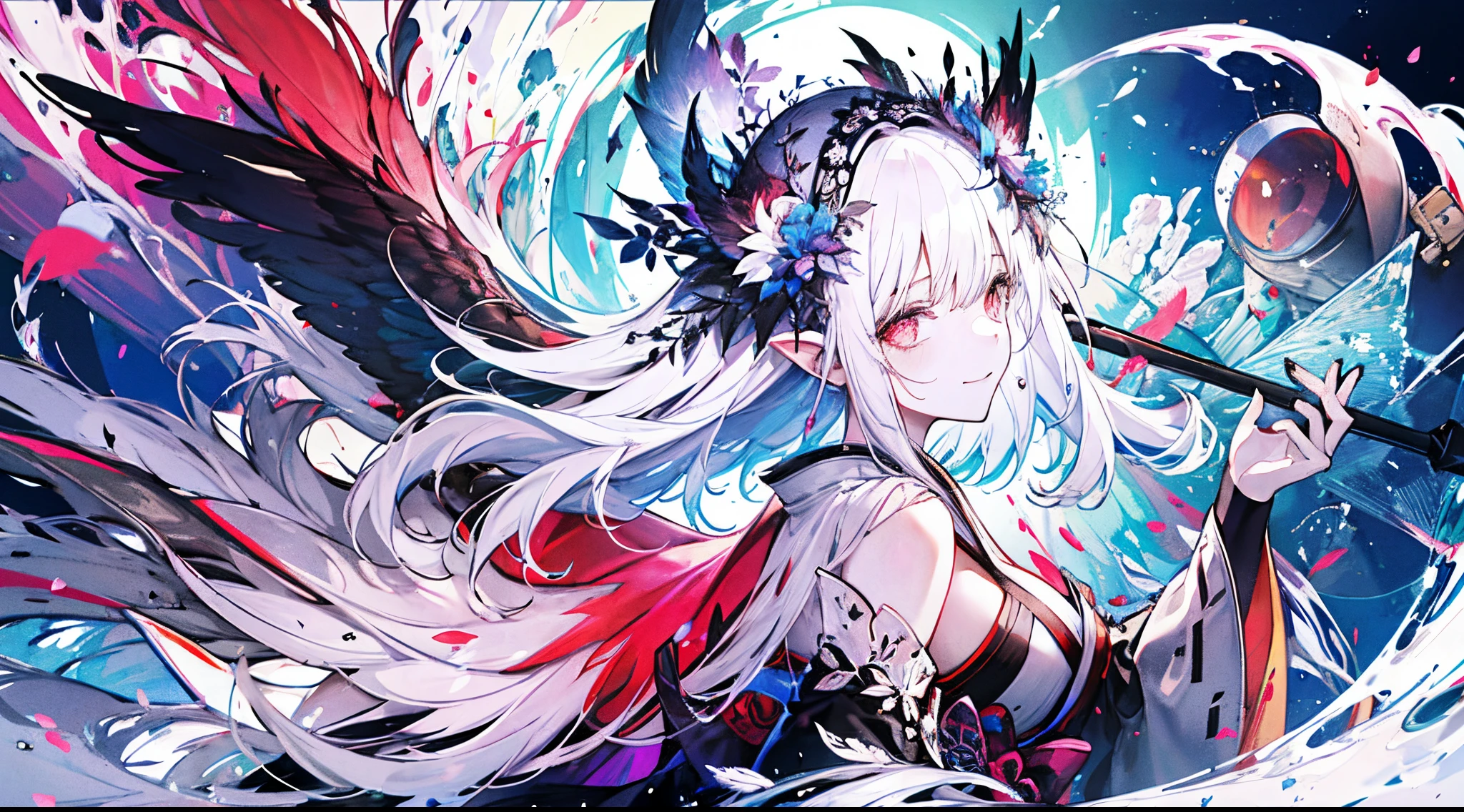 ((tmasterpiece:1.4,Best quality))+,(hyper-detailing)+,(Ultra-detailed eyes)+,(winged ears,pointy ears:1.5),
(cute girls),ar old,(red pupils:1.15),cabelos preto e longos,White ponytail,Bushy hair(wariza:1.2),pale-skinned,Seductive smile,crystal,white bird feathers,vacant eyes
(She wore a conservative black and white bird feather coat,red pattern:1.5),(black colored leggings:1.4)The sleeves are long,Red bird feather headdress,Black clouds and snowy mountains ocean,Dream bubbles,The crane ,black fingernails,blood stain,leather clothes,gray cloak,black and white gloves,black long boots
(bird feathers:1.1),
(dawn light:1.2),
(Thick black and white:1.16),(depth of fields:1.4),Complicated details,color mixing,Detailed route,Excellent,super detailing,The content is very detailed,(hight contrast:1.11),ventania,Amazing cleavage,beautidful eyes,messy hair,(best illuminate,Extremely Delicately Beautiful), ((movie light lighting)), (seen from the side:1.3),8K,tmasterpiece,Best quality,cinematic Film still from,1 plump girl,floating in sky,Intertwined clouds,cloud,(Close-up cleavage:1.1),bright,cheerful,Interesting,gentlesoftlighting,(bauhause,shape,line engineering,Abstract:1.1)offcial art, Unity 8k壁纸, ultra - detailed, Beautiful and beautiful, tmasterpiece, Best quality, (dynamic angle:1.4),romantic depth of field exotic_dances,Perfect NwsjMajic,(tmasterpiece,top-quality,Best quality,offcial art,Beauty and aesthetics:1.2),The content is very detailed,rich colourful,highest details,
