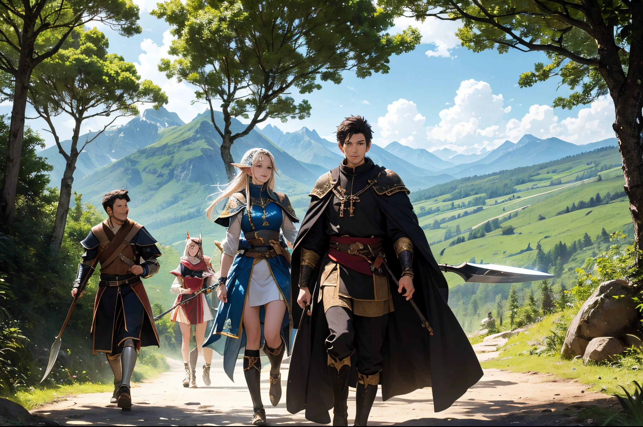 8k, top-quality, hight resolution, 逼真, realperson, A group of brave men、The heroic warrior in shining armor is male.、male warrior with a big ax、male priest in robes、and a female magician elf with a mysterious staff.、Vibrant and dynamic scenes as the four adventurers travel、forests, mountain trails, etc.、They are depicted happily crossing a fantastical landscape.。 The stage is lush green、mountain in the distance々、In a fantasy world with bright skies、Shows their excitement and friendship during the adventure。