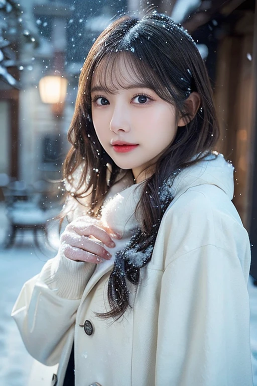 (white oversized coat)、Beige muffler、pose sensual(top-quality,masterpiece:1.3,超A high resolution,),(ultra-detailliert,Caustics),(Photorealsitic:1.4,RAW shooting,)Ultra-realistic capture,A highly detailed,high-definition16Kfor human skin、 Skin texture is natural、、The skin looks healthy with an even tone、 Use natural light and color,One Woman,japanes,,kawaii,A dark-haired,Middle hair,(depth of fields、chromatic abberation、、Wide range of lighting、Natural Shading、)、(Falling snow:1.6)(Hair swaying in the wind:1.2)、(At night, Snow reflects off the exterior lights:1.1)、Beautiful valley、