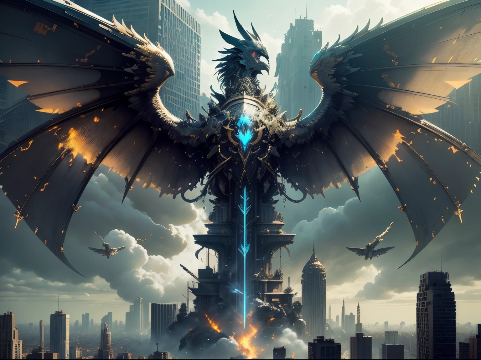 detailed face, super low angle, (flying seraph), god's weapon, (long and wide 12 wings), thick sword on fire, ruins in the city, skyscraper, impact, high speed, flame, (necklace on fire), (battle field), 3 fighter jet,