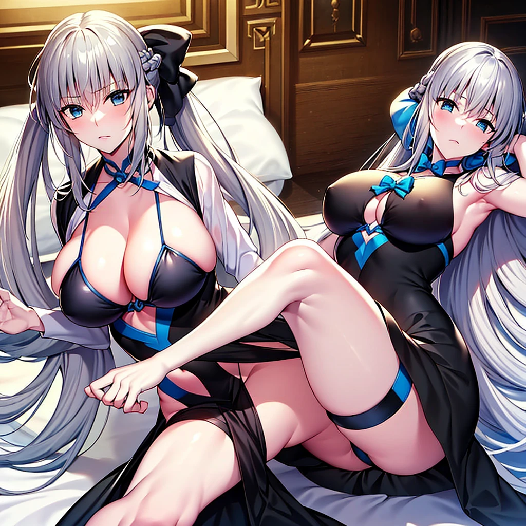 (Enrich the picture,Masterpiece level quality)Beautiful 8K CG artwork,morgan le fay (fate), blue eyes, Long Hair, pony tail,Very long hair, big boob, black bow, looking at viewer, gown, Hair Bow, thights, thights, black dress, Bangs, side locks, French braid, grey hair,Goddess-like posture,Kneeling exercise,Slim and soft,Translucent skin,big breasts,solo,lying on your back,leg extension,m legs,Look at the viewer,expression to the top,on bed,
