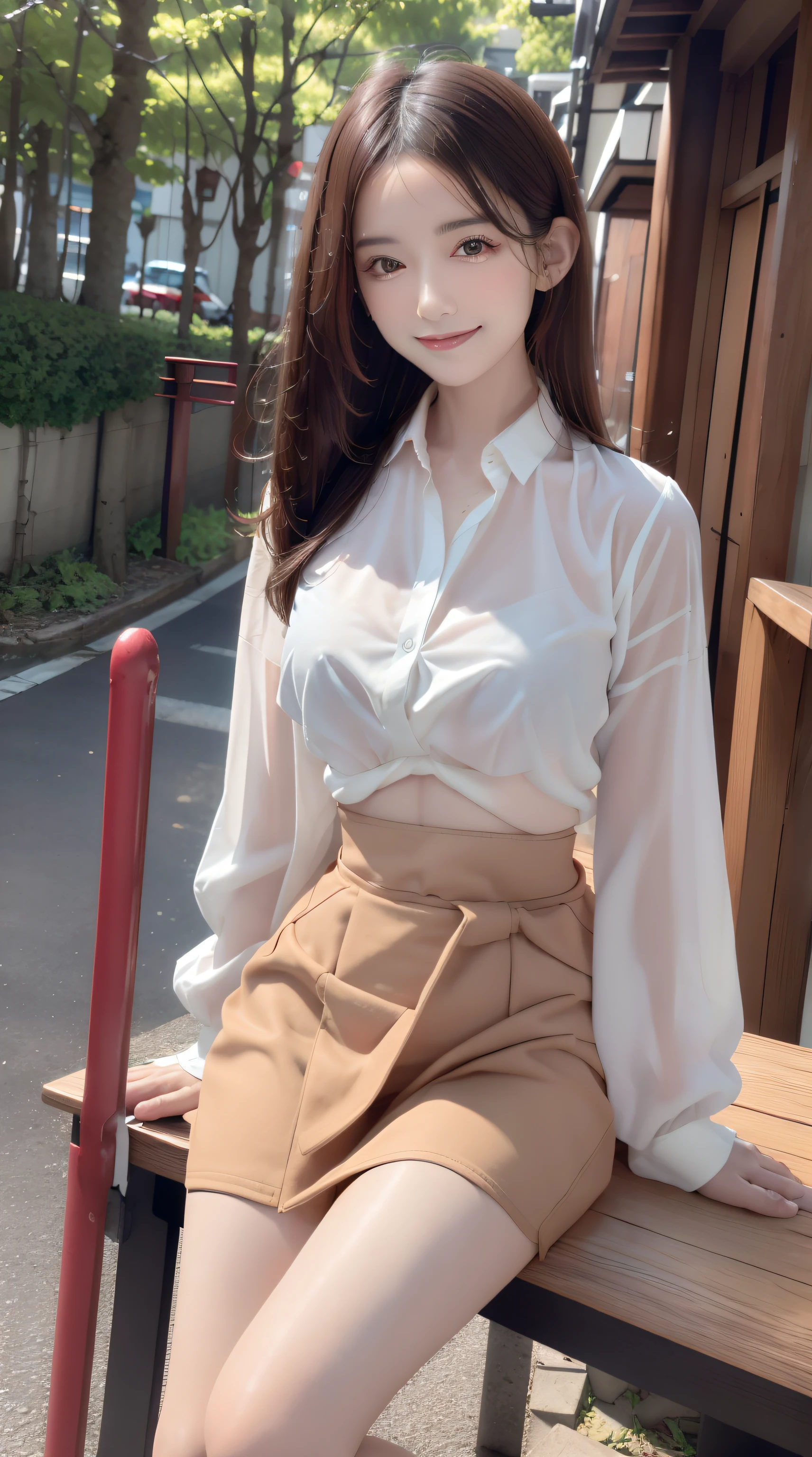 (Best Quality, masutepiece, Ultra HD: 1.3, High brightness, High color saturation), 1girl in, (middlebreasts), light brown hair, Asymmetrical hair, straight haired, Long hair, ( slender body shape, Constricted waist), (Ultra Fine Face), Delicate lips, (beautidful eyes), thin blush, eyes are brown, perfect glossy skin, View here, Smiling smile, ( hide one's hands), (Sitting on a bench), (thin and long legs, Thighs and toes:1.5), See-through white blouse, Tight skirt, (White pumps), (a japanese girl, hposing Gravure Idol), Broad-leaved forest, 135 mm, Fuji Film