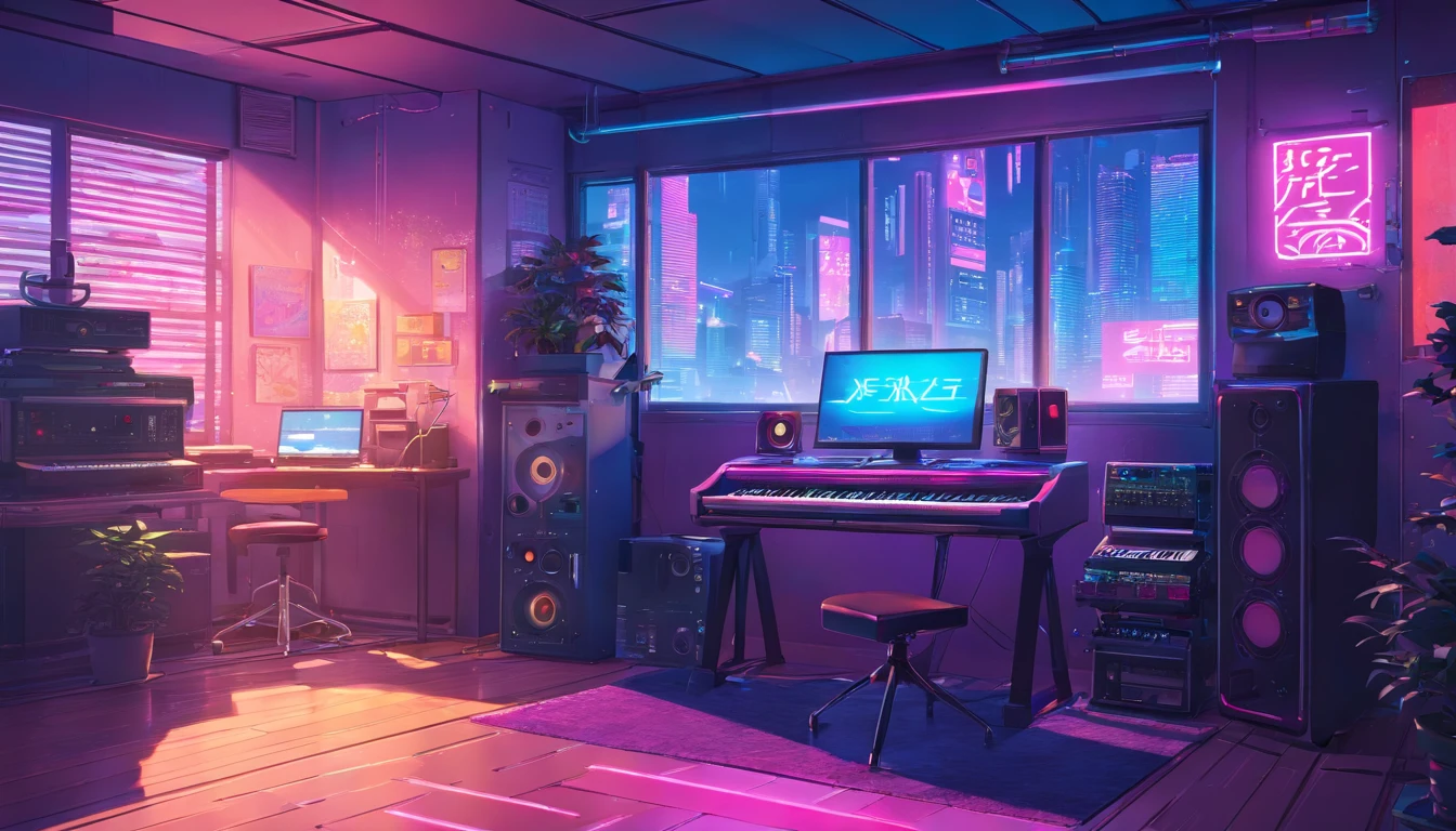 There is a music studio room with a table, a chair, and computer monitor,keyboard，pianos，and guitar， Digital painting inspired by Beeple, window shutters, concept-art, 3d rendering beeple, interior background art, synthwave art style, Flat synth-wave art style, synthwave art, Cyberpunk teen bedroom, Synthetic wave digital art, cyber punk setting, synthwave background, cyberpunk interior