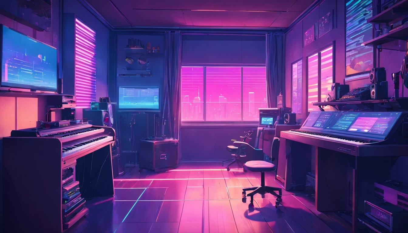 There is a music studio room with a table, a chair, and computer monitor,keyboard，pianos，and guitar， Digital painting inspired by Beeple, window shutters, concept-art, 3d rendering beeple, interior background art, synthwave art style, Flat synth-wave art style, synthwave art, Cyberpunk teen bedroom, Synthetic wave digital art, cyber punk setting, synthwave background, cyberpunk interior