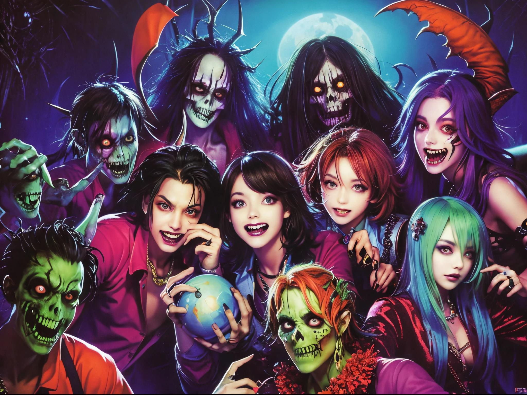 Horde of scary hair zombies from the 1980s, In the style of vibrant album cover art, 80'magnifica, glam death, uhd image, Exuberant