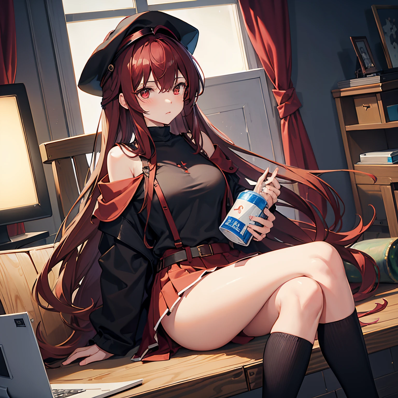 "anime girl, 1 person, dark red hair, shoulder length hair, dark red eyes, very small hat, very small hat, red hat, wearing women's shirt, shirt uniform, dark red skirt, big breasts, tights  ,blushing, sitting on old TV, sitting cross-legged, holding milk carton, sucking milk, drinking milk, solo, frontal view, (full HD 4K+ image)"