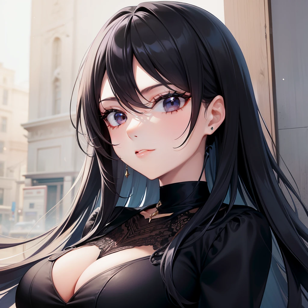 A pretty, gorgeous lady, with long black hair and black eyes, wearing a classy clothes, a celebrity in modern era, close up.
