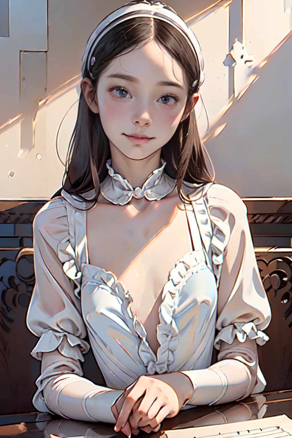 Florence Nightingale, (ballet clothes), sitting in a chair, smiling at the camera, white formal shirt, loose collar buttons, nipple bumps, long loose hair, (delicate illustrations: 1.4), (Renaissance art: 1.4), (ultra high resolution: 1.2), (photorealism: 1.4), (8K, RAW photos: 1.2), (soft focus: 1.4), ( 18 years old: 1.3), (Sharp Focus: 1.4), beautiful face with attention to detail, pure rose face_V1