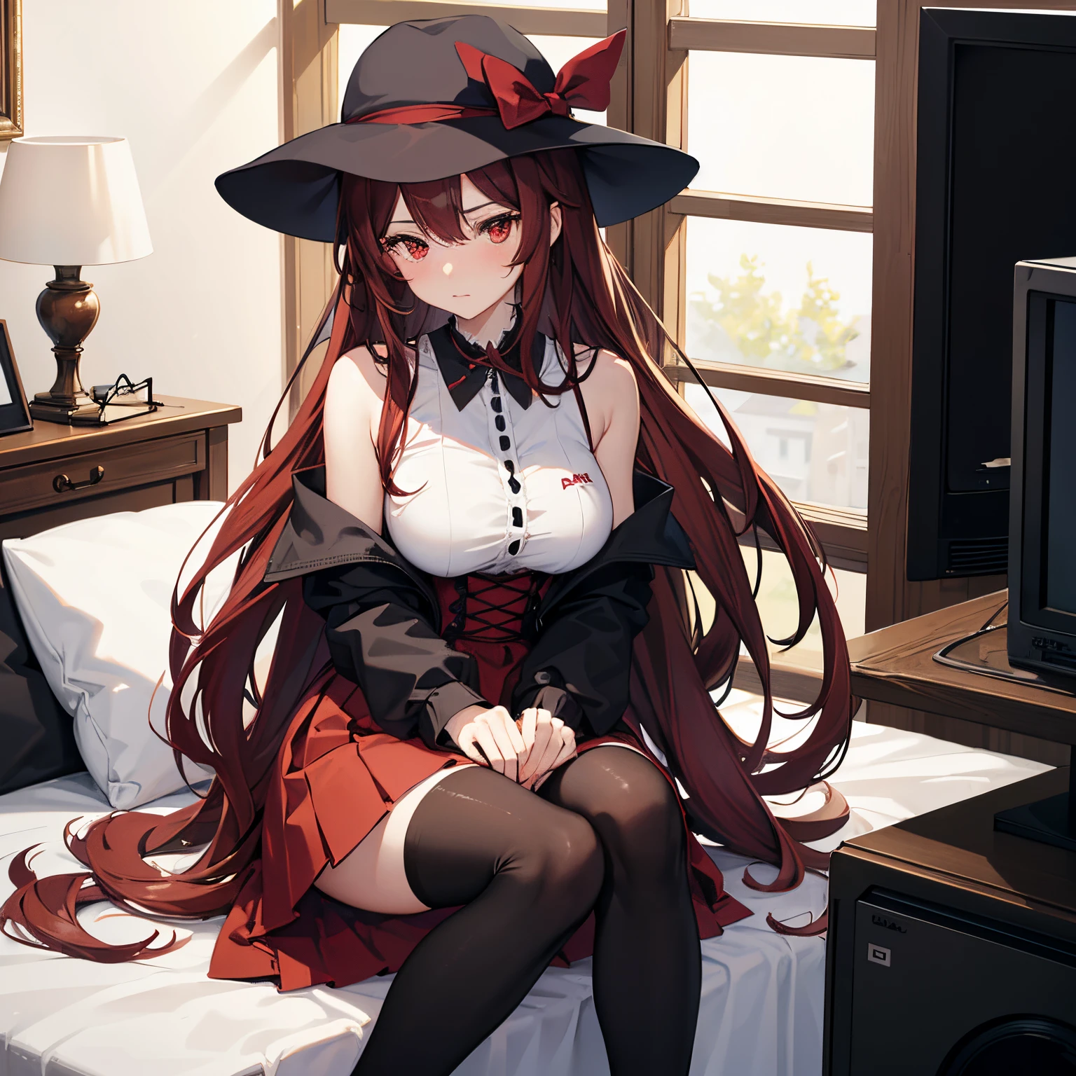 "anime girl, 1 person, dark red hair, shoulder length hair, dark red eyes, very small hat, very small hat, red hat, wearing women's shirt, shirt uniform, dark red skirt, big breasts, tights  ,blushing, sitting on old TV, sitting cross-legged, holding milk carton, sucking milk, drinking milk, solo, frontal view, (full HD 4K+ image)"