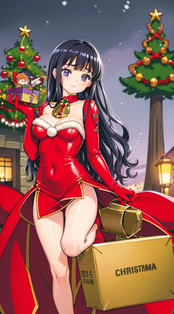 masterpiece, best quality, 1 solo girl, black hair, purple eyes, long hair, wavy hair, Christmas ornaments, medium breasts, mature body and face, red christmas dress, christmas, christmas light, christmas tree, red gloves, red santa skirt, holding gift, red bra, red panty, leg up, cowboy shots, sexy pose, dakimakura, detailed body, face, and eyes, sharp focus, vibrant, creative, dynamic, high definition, high resolution, 8k, (Upscale: R-ESRGAN 4x+ Anime6B), (Image enchance:4x), voluptuous body