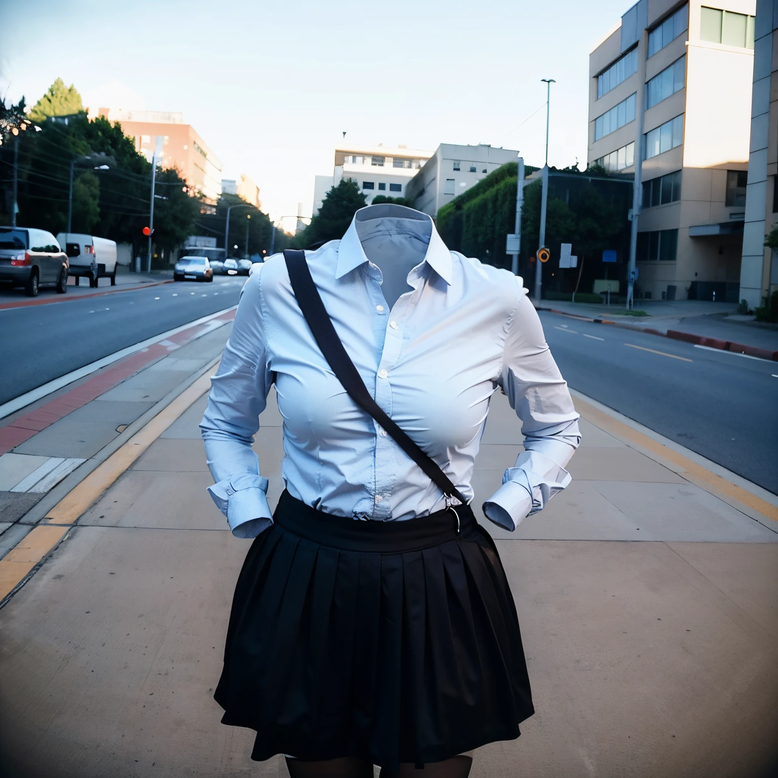 chubby, fat, school uniform, school tie, going home from school, school bag, (Swayback stance, Seductive pose), (invisible:1.5, no humans:1.5, headless:1.5, faceless:1.5), (cute big breasts), (8k, RAW photo, best quality, masterpiece:1.2), (realistic, photo-realistic:1.37), photon mapping, radiosity, ((Hasselblad photography)), physically-based rendering