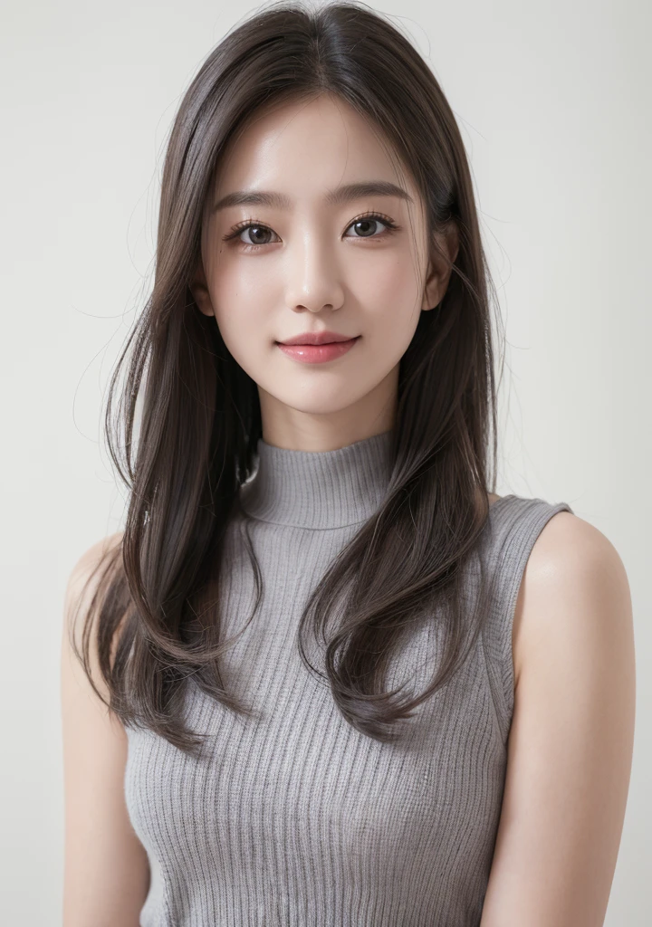 garments(white knit sleeveless clothes)、(masutepiece: 1.2, Best Quality), Realistic, (Realistic image, intricate-detail, depth of fields), Best Quality, masutepiece, Highly detailed, semi - realistic, 1 female 21 years old, The background is white or gray、Mystical smile、Soft hair、Hair color is dark gray