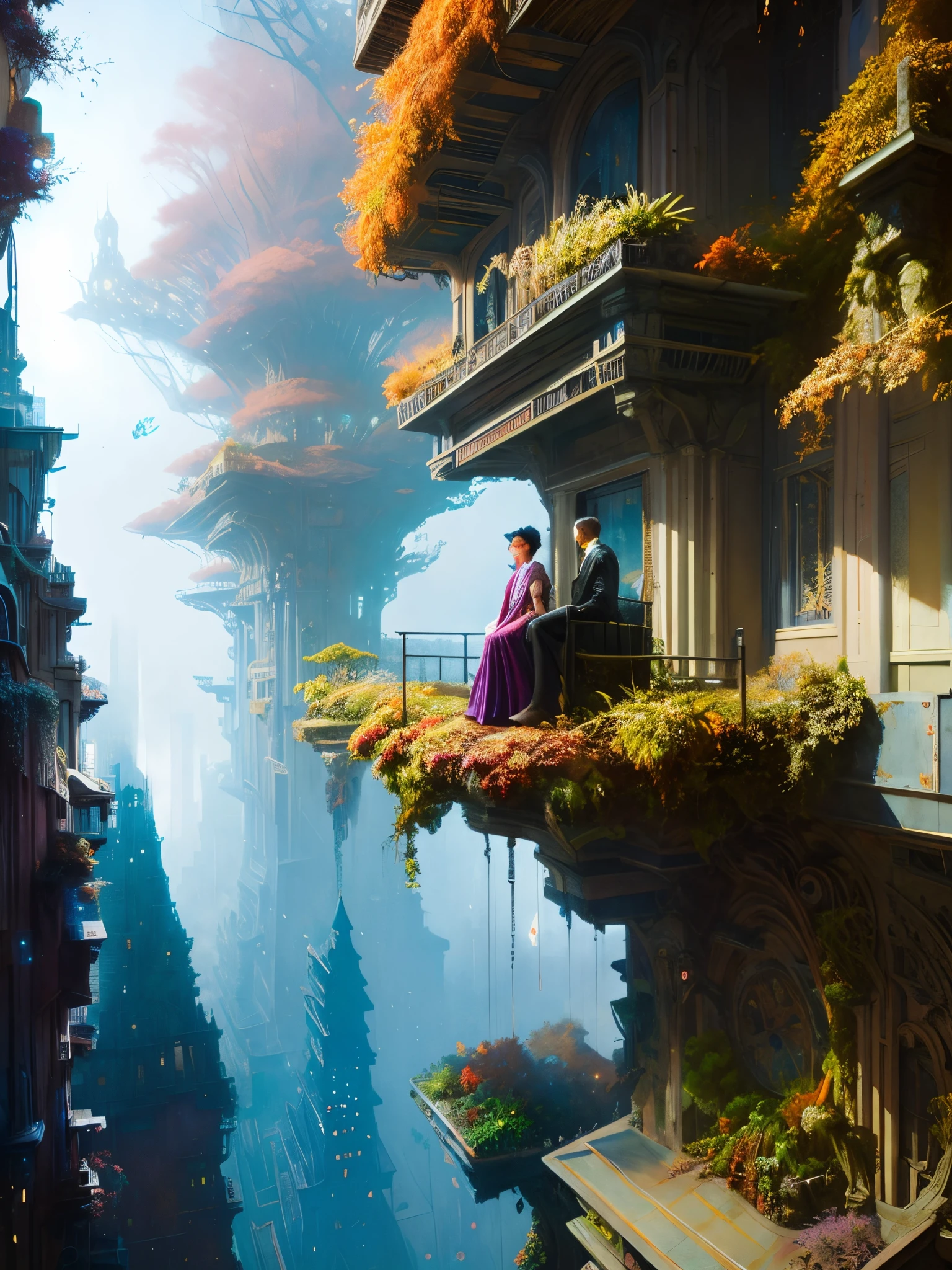 Watercolor,there are two people sitting on a balcony in a building, paul lehr and beeple, cyberpunk in foliage, inspired by Carl Spitzweg, james gurney and andreas rocha, fantasy matte painting，cute, beeple and jean giraud, in fantasy sci - fi city, karl spitzweg. unreal engine, andreas rocha and john howe