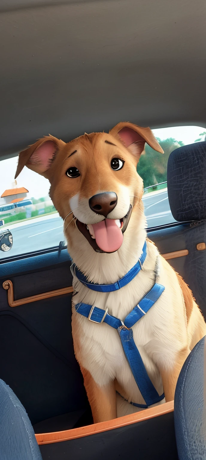 there is a dog sitting in the back seat of a car, Disney foto realista, Disney fotorrealista, tem um olhar muito realista para ele, manchado ultra realista, foto hiper real, um hiper realista, hyper-realistic, hiper - realista, pele hiper realista, Fursona, patas no volante, trabalho de pintura realista, very realistic appearance, muito muito realista