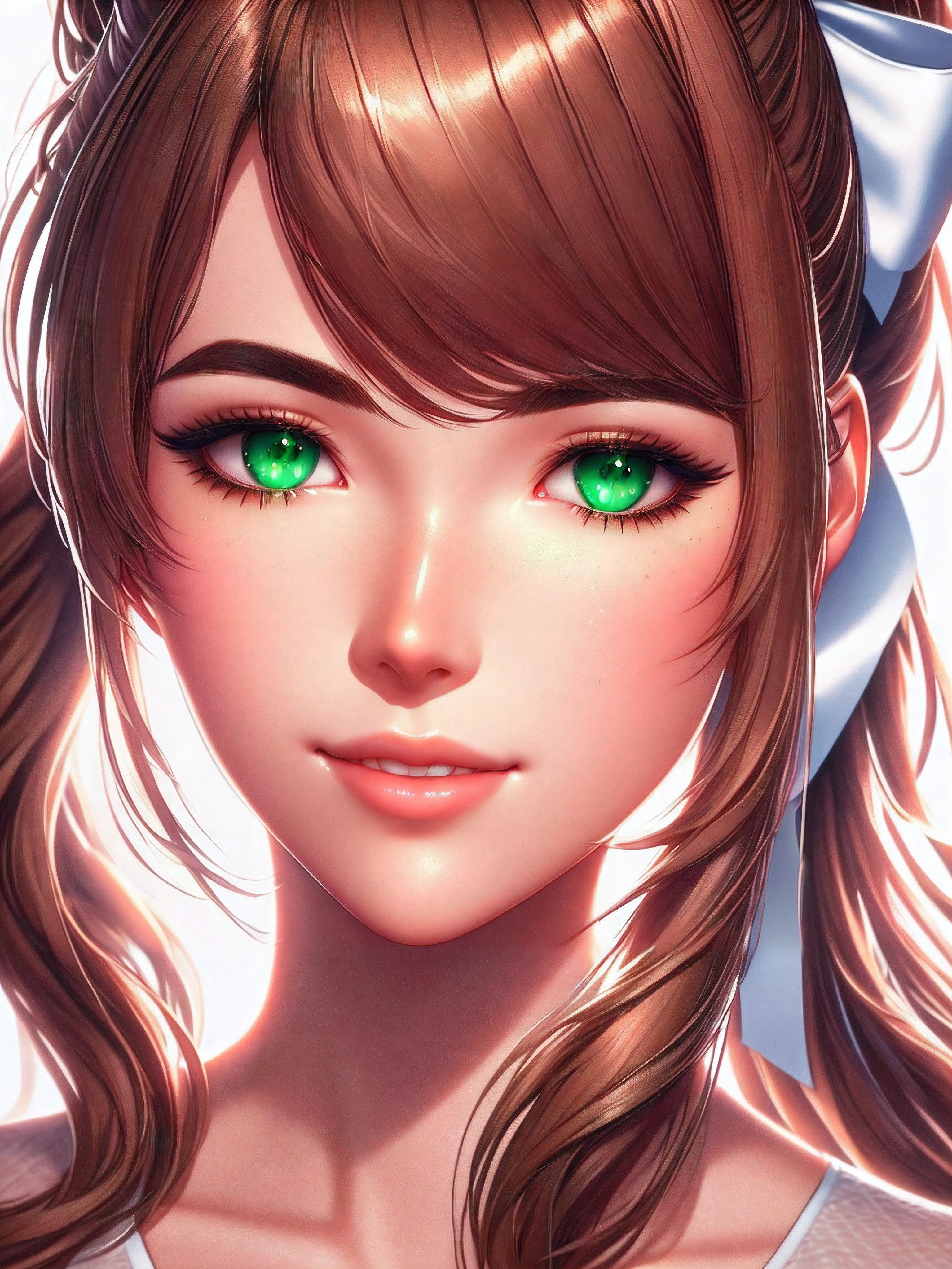 (solo:1.3) Monika, young, light brown hair, high ponytail, large white bow, prominent strands of hair, neatly cut fringe. Maximum sharpness, UHD, 16K, anime style, best possible quality, ultra detailed, best possible resolution, ((face image)), Unreal Engine 5, more detail.