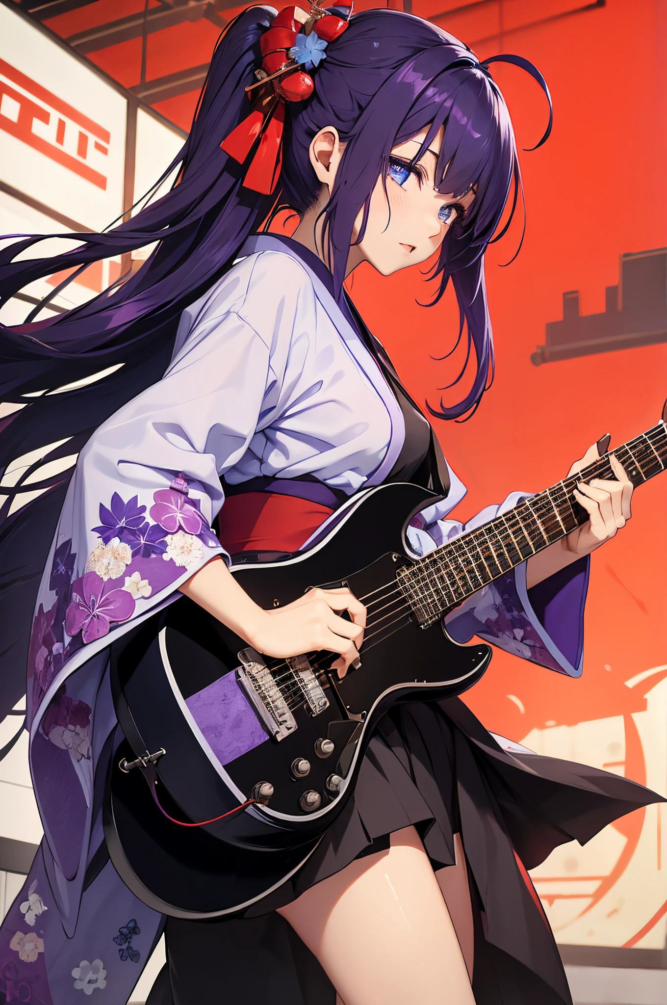 Have a guitar、purple color  hair、Blue eyes、（outfits、Torn kimono all black）、（expressioness）、（Background with、Red、a cool）