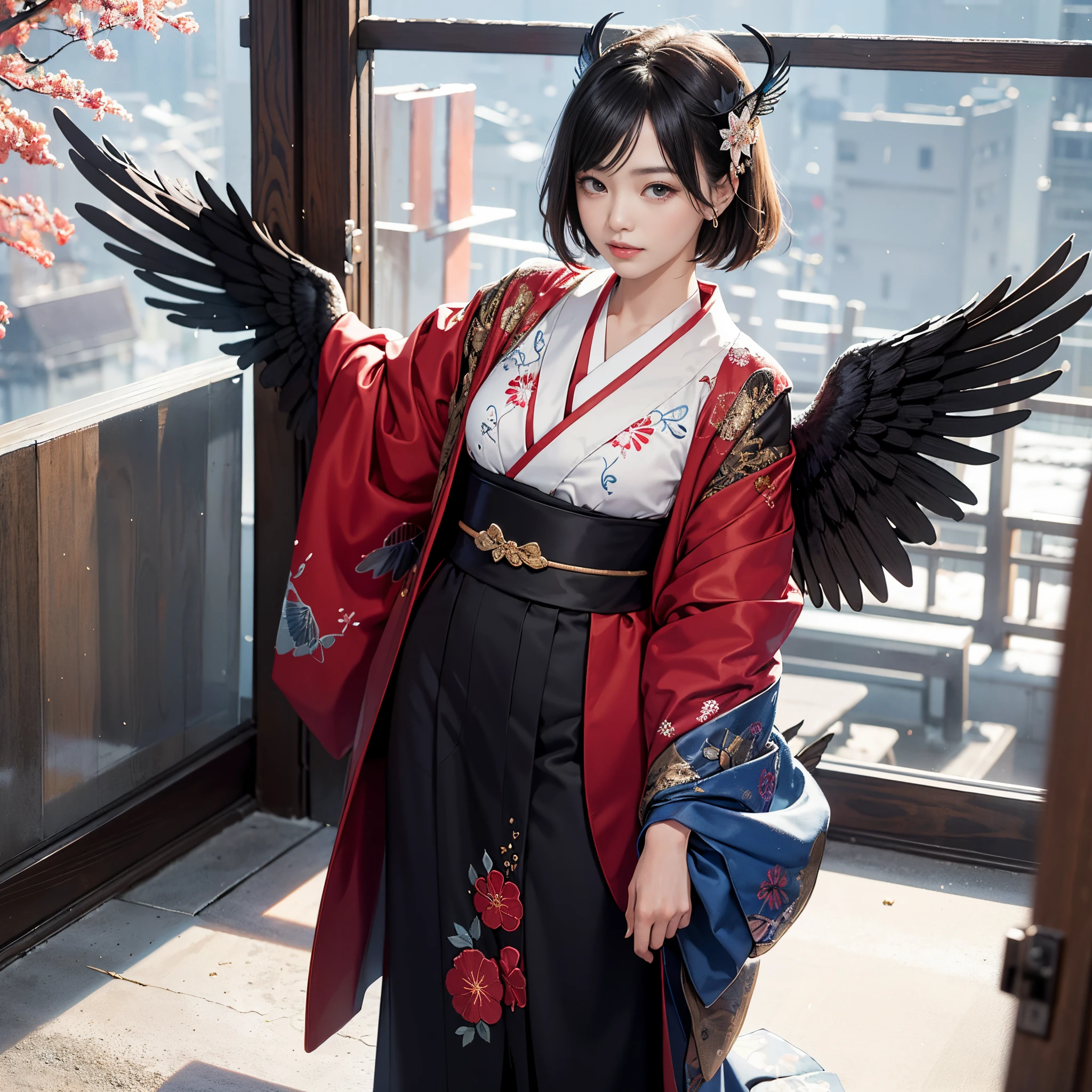 Background of details(Outside the window is the snowy city of Kyoto),BREAK ,elaborate costume(Luxurious Japan kimono(Colorful kimono(detailed embroidery)(Wings like a black fallen angel grow))),BREAK,(1 Beautiful and classy adult woman(Shy smile:1.2)(Japanese actressl:1.2)(A dark-haired:1.2(short-hair:1.2)(inner colored(reddish)))),(eye glass:1.2),(Stand in front of the stained glass and stare at me),BREAK,Wallpapers 16K,Blur the background,)(masutepiece,Best Quality,Portrait photos):1.5),full body Esbian