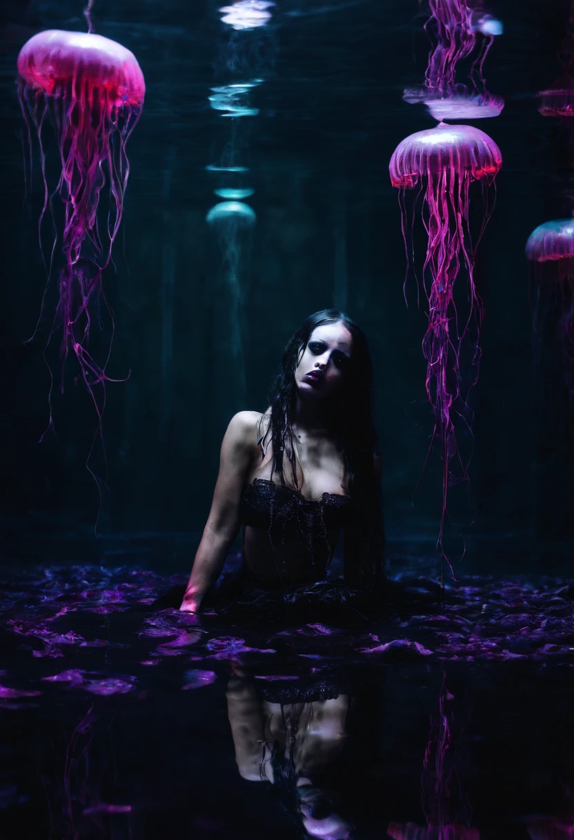 fantasy realism photography of in total darkroom background, black lighting, digital art, , black colour skin girl wearing bikini, neon jellyfish ,water reflection on the floor