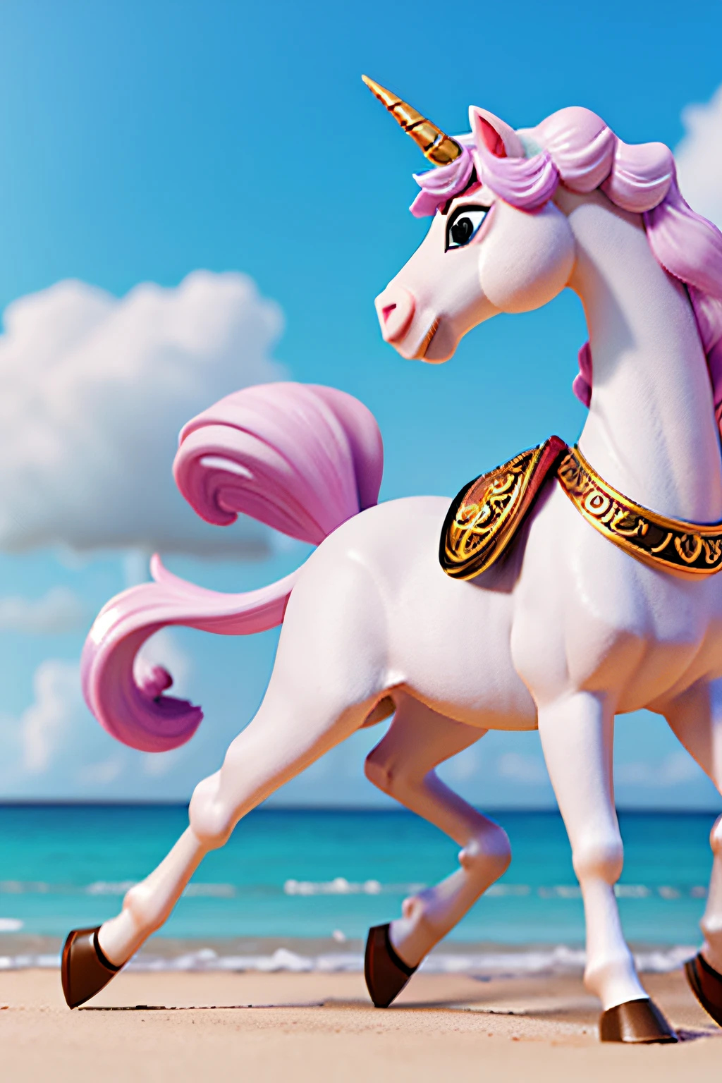 Cartoon pink horse with white spots on the beach, white spots, long ears, cartoon eyes, long eyelashes, green eyes, pink mane and tail, cartoon, my little pony, animation, white tummy, lots of white spots, white freckles