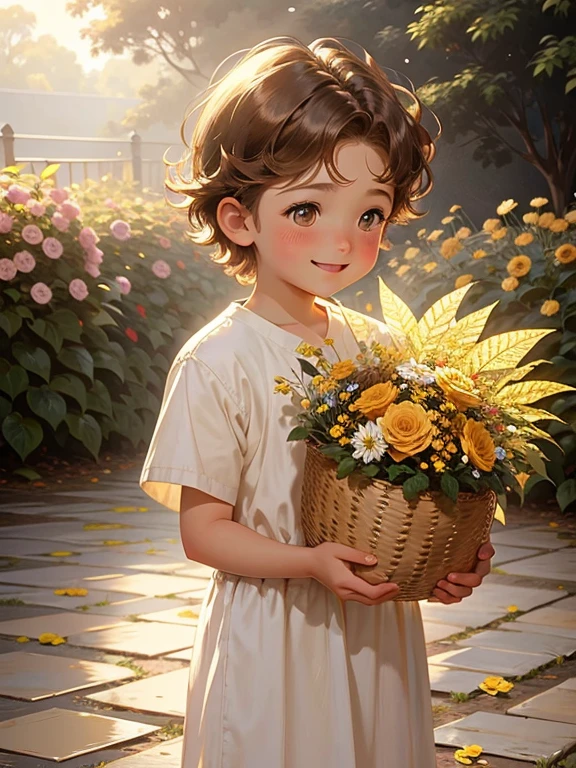 1boy in, Cute, brown hair, Light brown hair, glowing gold eyes, rose garden, Floral basket , Sunlight, Smile, Happy, with fairy, some fairies, he is 10 years old, 10 years old,