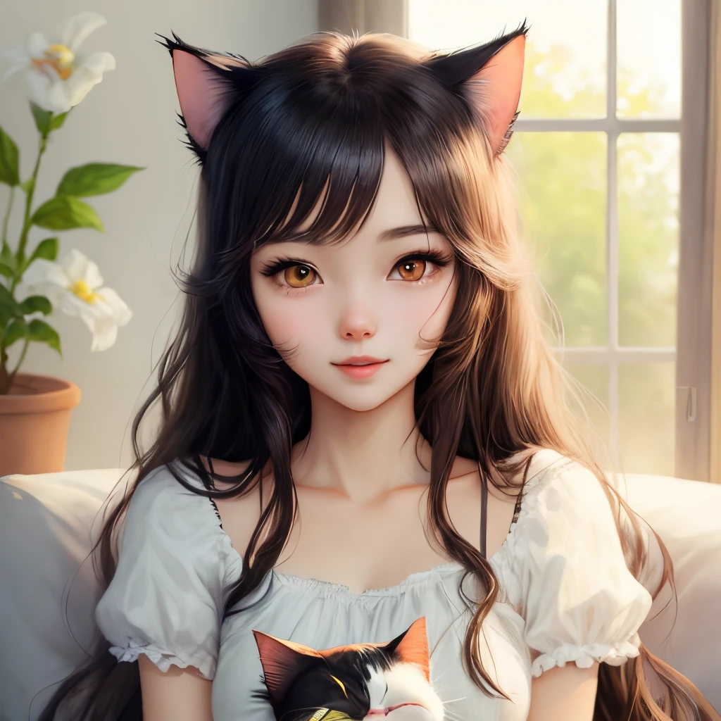 Cat, beautiful girl, naughty and cute, long hair, anime style, friendly
