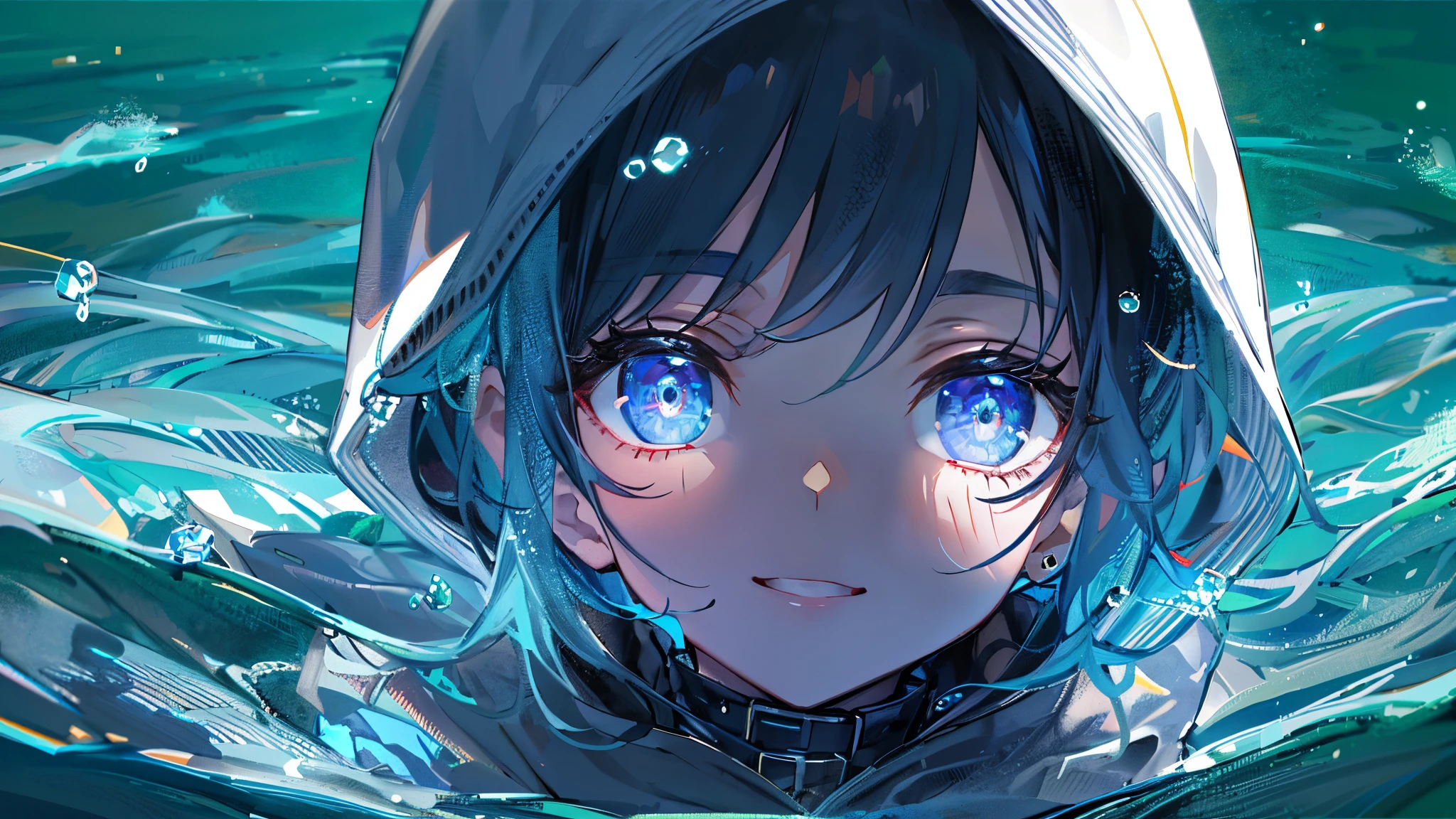 ((of the highest quality)), ((masutepiece)), ((Super Detail)), (Very delicate and beautiful), girl, Solo, cold attitude, ((Black jacket)), She looks very (Relaxed) And (Calm), Black hair, depth of fields, Evil smile, stirrup, under the water, Air bubble, Light blue eyes, Light blue hair and dark blue tip inner color, Cold background, Bob Hair – Linear Art, Shorts, knee high socks, Oversized white hoodie, Light Blue Ribbon Tie, transparent clothe, Hands in pockets