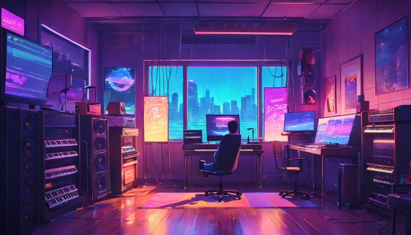 There is a music studio room with a table, a chair, and computer monitor,keyboard,pianos,and guitar,arranger mixer,Equipment cables,rainy evening,Digital painting inspired by Beeple, window shutters, concept-art, 3d rendering beeple, interior background art, synthwave art style, Flat synth-wave art style, synthwave art, Cyberpunk bedroom
