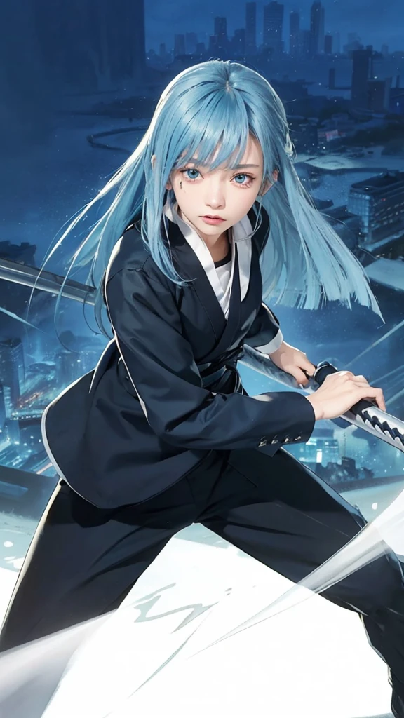1girl, kasumi miwa in anime jujutsu kaisen, long hair , blue hair, eyes, beautiful eyes, beautiful,  black clothes, realistic clothes, detail clothes, city background, ultra detail, realistic