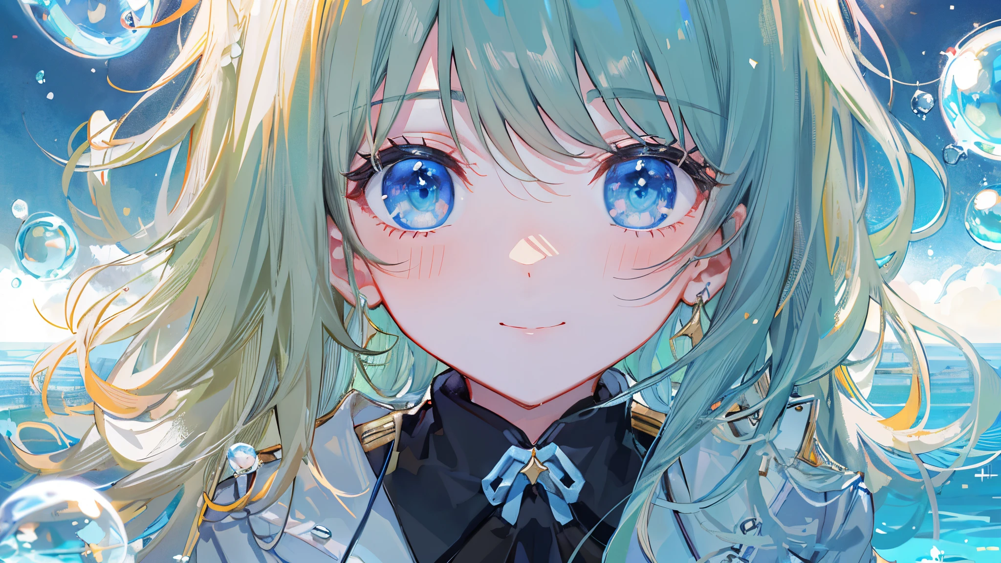 ((top-quality)), ((masterpiece)), ((ultra-detailliert)), (extremely delicate and beautiful), girl with, 独奏, cold attitude,((Black jacket)),She is very(relax)with the(Settled down)Looks,A dark-haired, depth of fields,evil smile,Bubble, under the water, Air bubble,bright light blue eyes,Inner color with black hair and light blue tips,Cold background,Bob Hair - Linear Art, shortpants、knee high socks、White uniform like school uniform、Light blue ribbon ties、Clothes are sheer、Hands in pockets