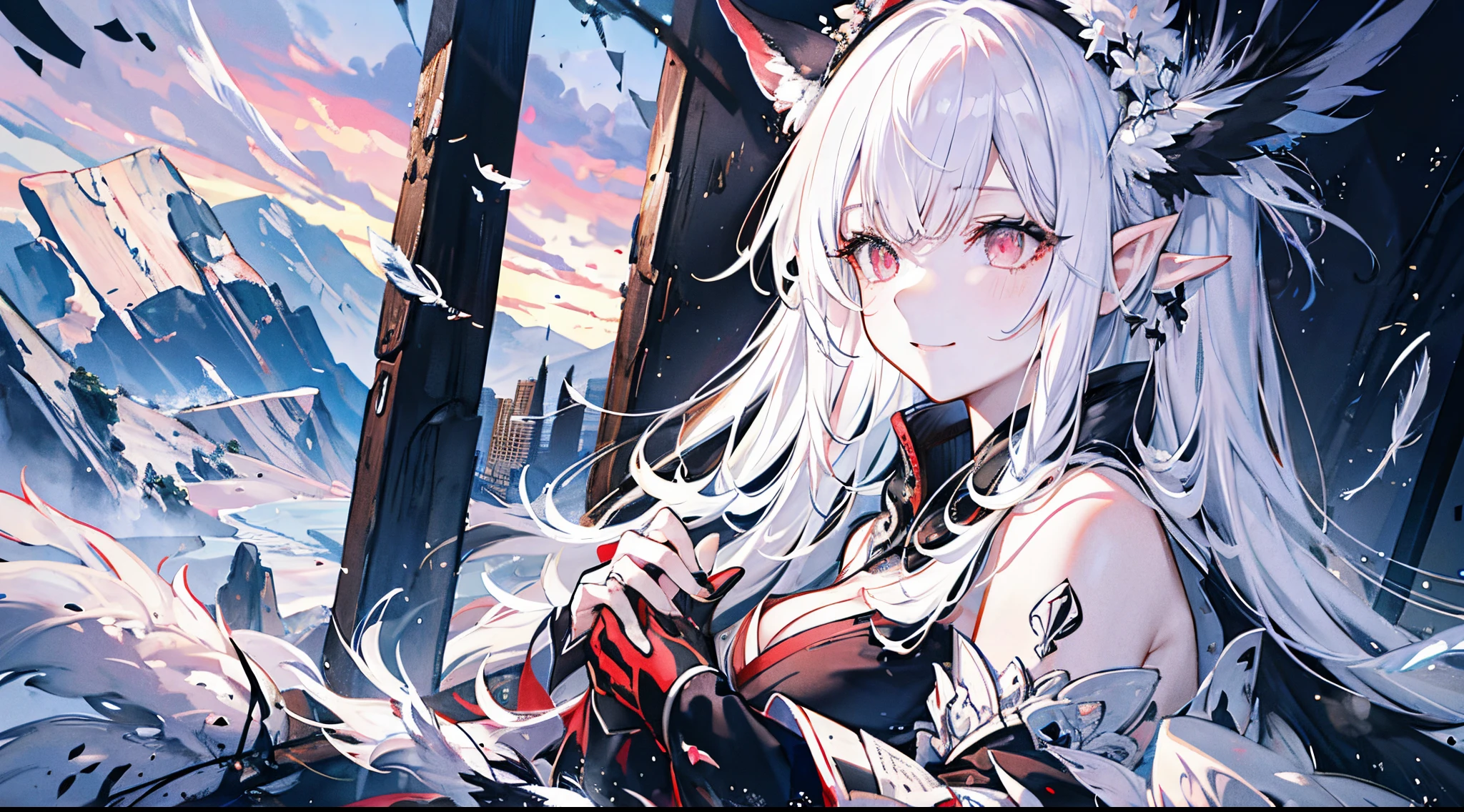 ((tmasterpiece:1.4,Best quality at best))+,(hyper-detailing)+,(Ultra-detailed eyes)+,(winged ears,pointy ears:1.5),
(cute girls),18yr old,(Red pupils:1.15),cabelos preto e longos,White ponytail,Bushy hair(wariza:1.2),pale-skinned,seduct smile,crystal,white bird feathers,Empty eyes
(She wears a conservative black and white kimono,red pattern:1.5),(black colored leggings:1.4)The sleeves are long,Red bird feather headdress,Black clouds and snowy mountains,fragment crystallization ,black fingernails,tear drop,gray cloak,black and white gloves,black long boots,Black veil,Red giant eyes,wine jugs
(bird feathers:1.1),
(dawn light:1.2),
(Thick black and white:1.16),(depth of fields:1.4),Complicated details,color mixing,Detailed route,Excellent,super detailing,The content is very detailed,(hight contrast:1.11),ventania,Amazing cleavage,beautidful eyes,messy hair,(best illuminate,Extremely Delicately Beautiful), ((movie light lighting)), (seen from the side:1.3),8K,tmasterpiece,Best quality at best,cinematic Film still from,1 plump girl,floating in sky,Intertwined clouds,clouds,(Close-up cleavage:1.1),bright,cheerfulness,Interesting,gentlesoftlighting,(bauhause,shape,line engineering,Abstract:1.1)offcial art, Unity 8k壁纸, ultra - detailed, Beautiful and beautiful, tmasterpiece, Best quality at best, (dynamic angle:1.4),romantic depth of field exotic_dance,PerfectNwsjMajic,(tmasterpiece,top-quality,Best quality at best,offcial art,Beauty and aesthetics:1.2),The content is very detailed,rich colourful,highest details,