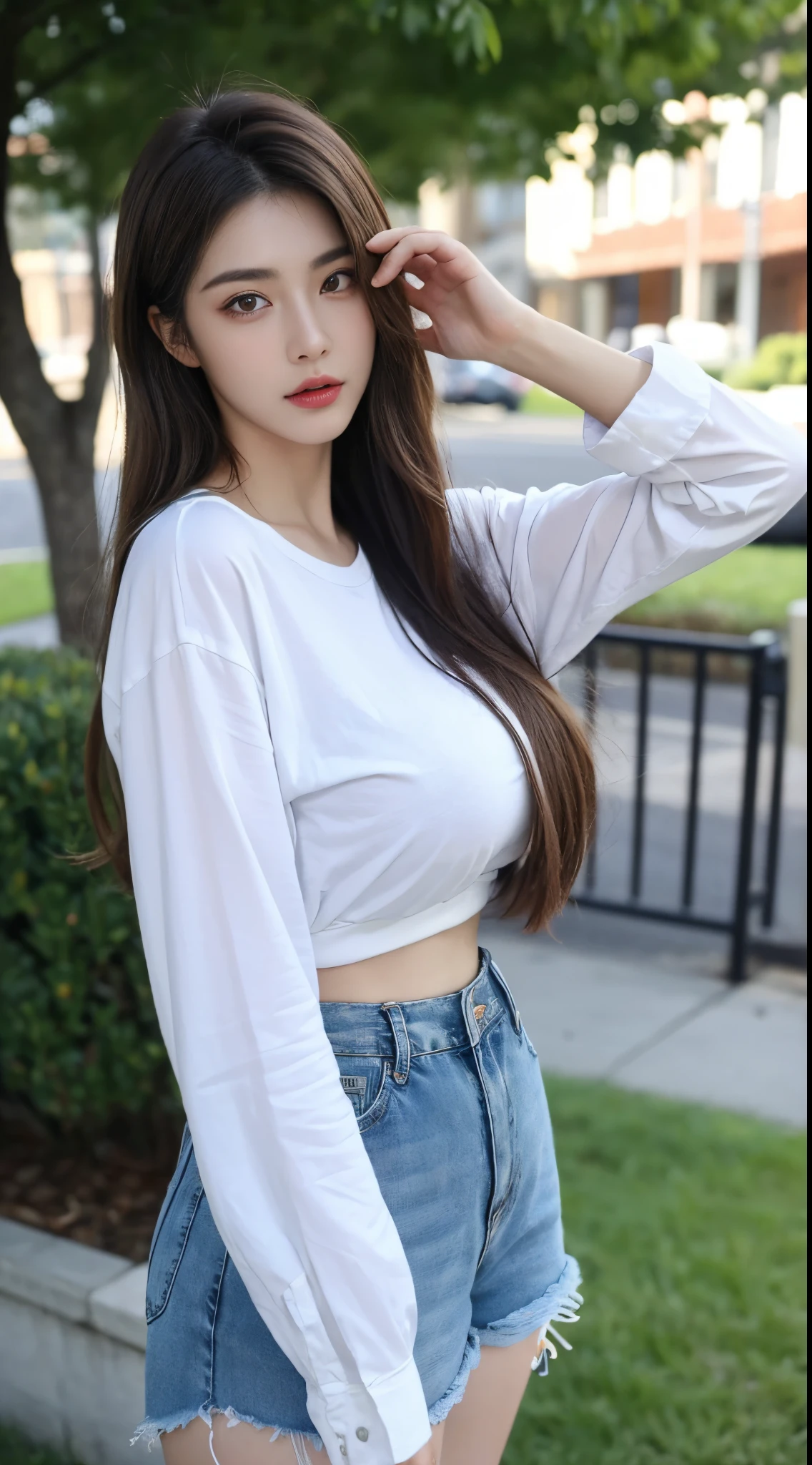 ((top quality, 8k, masterpiece: 1.3)), sensual woman, 1 girl, (slender figure: 1.2), dark brown hair, (outdoor, shirt, shorts: 1.1), ultra detailed face, detailed lips, detailed eyes, double eyelids, (huge breasts: 1.2)