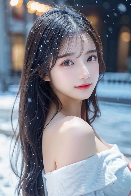 (white oversized off shoulder)、pose sensual(top-quality,masterpiece:1.3,超A high resolution,),(ultra-detailliert,Caustics),(Photorealsitic:1.4,RAW shooting,)Ultra-realistic capture,A highly detailed,high-definition16Kfor human skin、 Skin texture is natural、、The skin looks healthy with an even tone、 Use natural light and color,One Woman,japanes,,kawaii,A dark-haired,Middle hair,(depth of fields、chromatic abberation、、Wide range of lighting、Natural Shading、)、(Falling snow:2:1)(Hair swaying in the wind:1.2)、(At night, Snow reflects off the exterior lights:1.1)、beutiful breast、Beautiful valley、