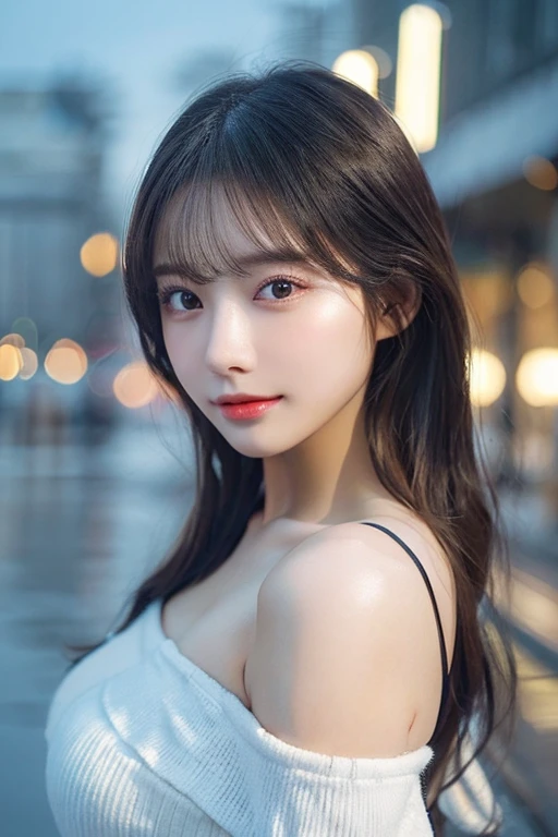 (white oversized off shoulder)、pose sensual(top-quality,masterpiece:1.3,超A high resolution,),(ultra-detailliert,Caustics),(Photorealsitic:1.4,RAW shooting,)Ultra-realistic capture,A highly detailed,high-definition16Kfor human skin、 Skin texture is natural、、The skin looks healthy with an even tone、 Use natural light and color,One Woman,japanes,,kawaii,A dark-haired,Middle hair,(depth of fields、chromatic abberation、、Wide range of lighting、Natural Shading、)、(Falling snow:2:1)(Hair swaying in the wind:1.2)、(At night, Snow reflects off the exterior lights:1.1)、beutiful breast、Beautiful valley、