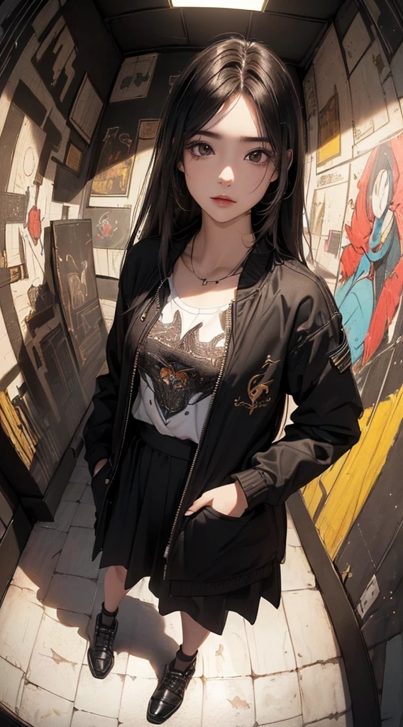 (((8k wallpaper of extremely detailed CG unit:1.2, masterpiece, hight resolution:1.2, top-quality:1.2, masutepiece))), ((a very beautiful woman, Hands in pockets:1.8, Grunge Fashion, Wearing a blouson, Wearing a long skirt, Wearing shoes)), ((extra detailed face, Highly detailed black eyes, extra detailed body, Top quality real texture skins)), (A dark-haired, length hair, de pele branca, Small:1.2), ((Surrounded by walls with geometric paintings, Colorful wall)), (high-angle:1.2, Fisheye:1.3), hyper realisitic, digitial painting,