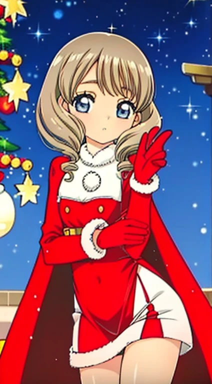 masterpiece, best quality, 1 solo girl, grey hair, blue eyes, long hair, wavy hair, Christmas ornaments, medium breasts, mature body and face, red christmas dress, christmas, christmas light, christmas tree, red gloves, red santa skirt, holding gift, red bra, red panty, leg up, cowboy shots, sexy pose, dakimakura, detailed body, face, and eyes, sharp focus, vibrant, creative, dynamic, high definition, high resolution, 8k, (Upscale: R-ESRGAN 4x+ Anime6B), (Image enchance:4x), voluptuous body, twindrills