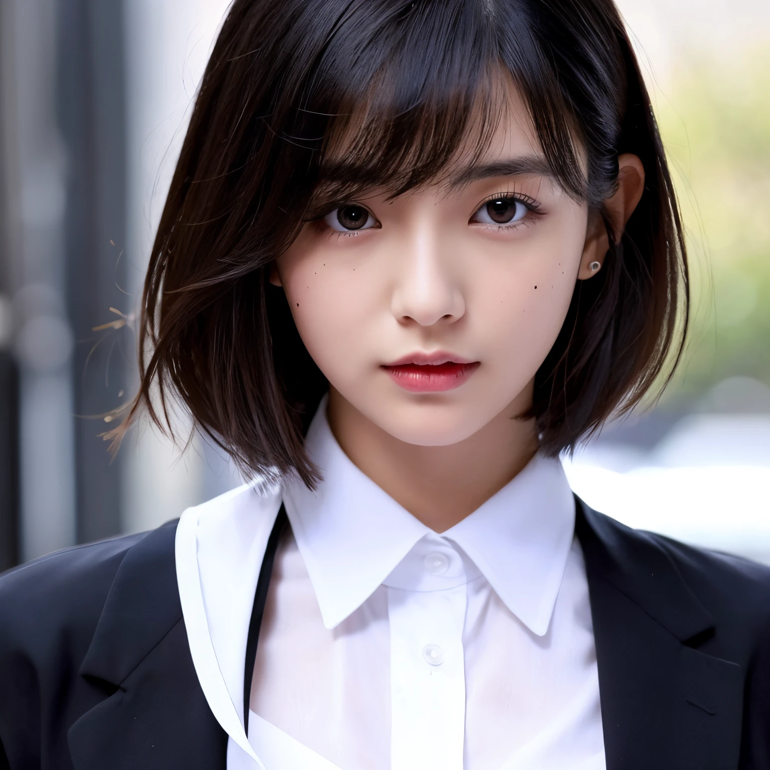1 girl in、huge tit、Big butt、short-hair、A dark-haired、red eyes、wearing a black suit over a white shirt、Mole under left eye、sex