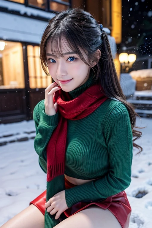 (masutepiece:1.3, Photorealsitic:1.4, 8K), top-quality, masterpiece, 超A high resolution, Perfect dynamic composition, Highly detailed skin and facial texture:1.3, A detailed eye, Detailed limbs, Winters, snowflakes falling:1.2, Snowfall landscape at night:1.2, 1girl in, Cute sexy 22 year old slim woman, Fair skin, tilt the neck, ((A smile:0.9, Totally captivates you:1.0)), (Red scarf and yellow-green long-sleeved turtleneck sweater:1.2, High waist mini skirt:1.1), ((voluptuous breasts:1.05)), Short boots, (Facing the front, Squat with your knees bent), (Beautiful blue eyes, Eyes that feel beautiful eros:0.85), Sexy face:0.4, (A mouthfeel that feels beautiful eros:0.85), ((Extremely cute:0.9))