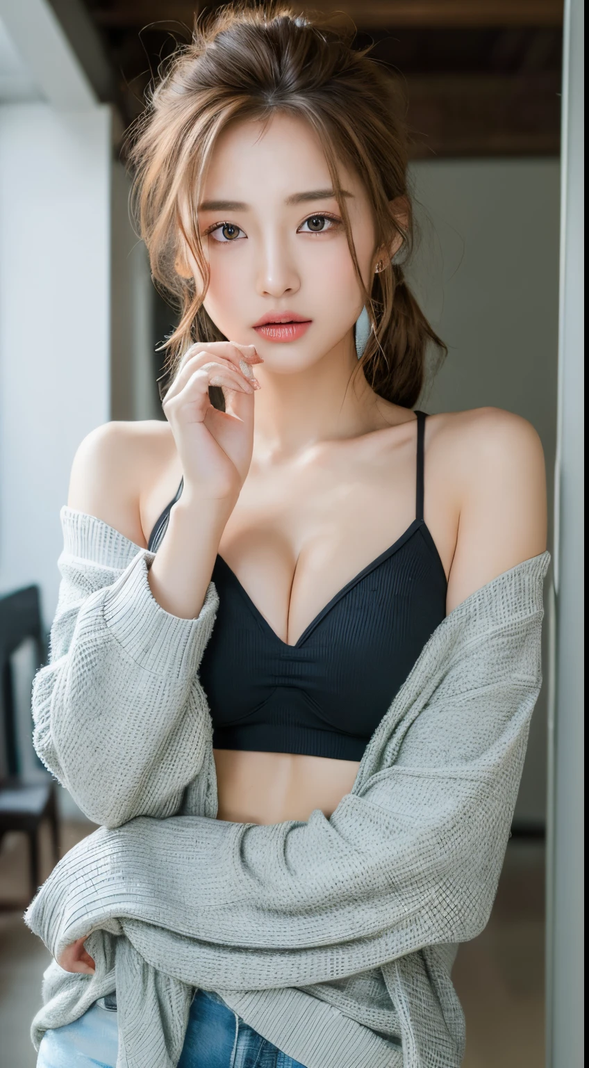((Best quality, 8k, Masterpiece :1.3)), 1girl, Pretty woman with emphasizing slender abs :1.3, (random hairstyles, Huge breasts :1.2), Casual outfit :1.2, Indoor, Ultra-detailed face, Detailed eyes, Double eyelid