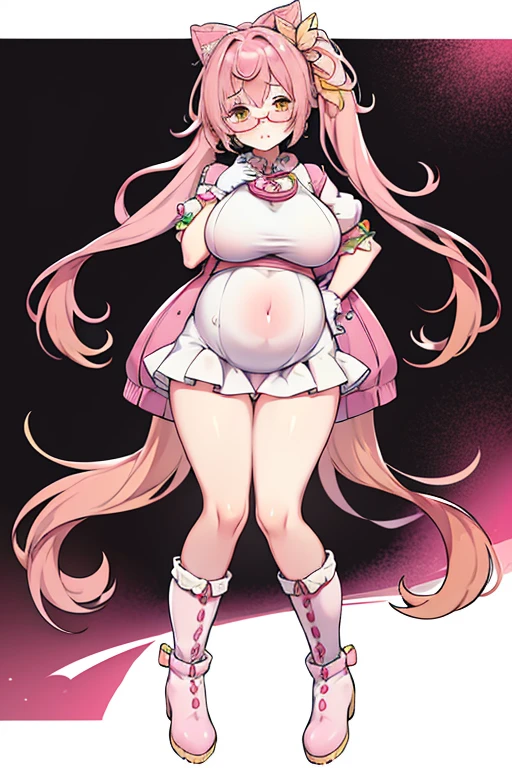 Full body girl, pregnant, huge belly, huge breasts, yellow eyes, glasses, boots, shy, earrings, hair ribbon, long hair, side ponytail, pink hair, tsundere, embarrassed, pout, visible belly, hands on belly, very thight clothes, idol clothes, gloves, best quality