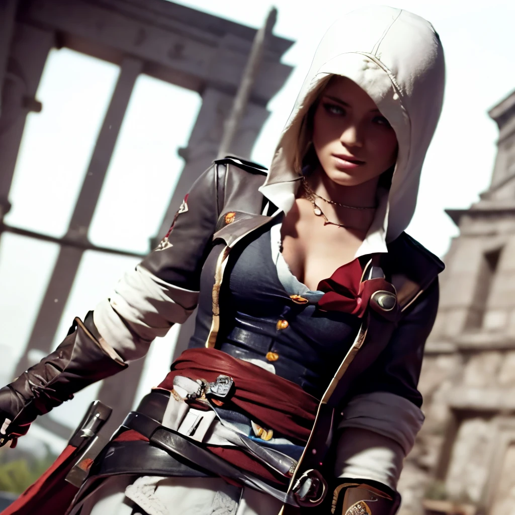 1chica rubia de ojos azules con una tunica blanca de asesio con capucha, tener armas como una espada en un cinturon de tela color rojo, decoraciones en su ropa estilo assassins creed, de fondo florencia
