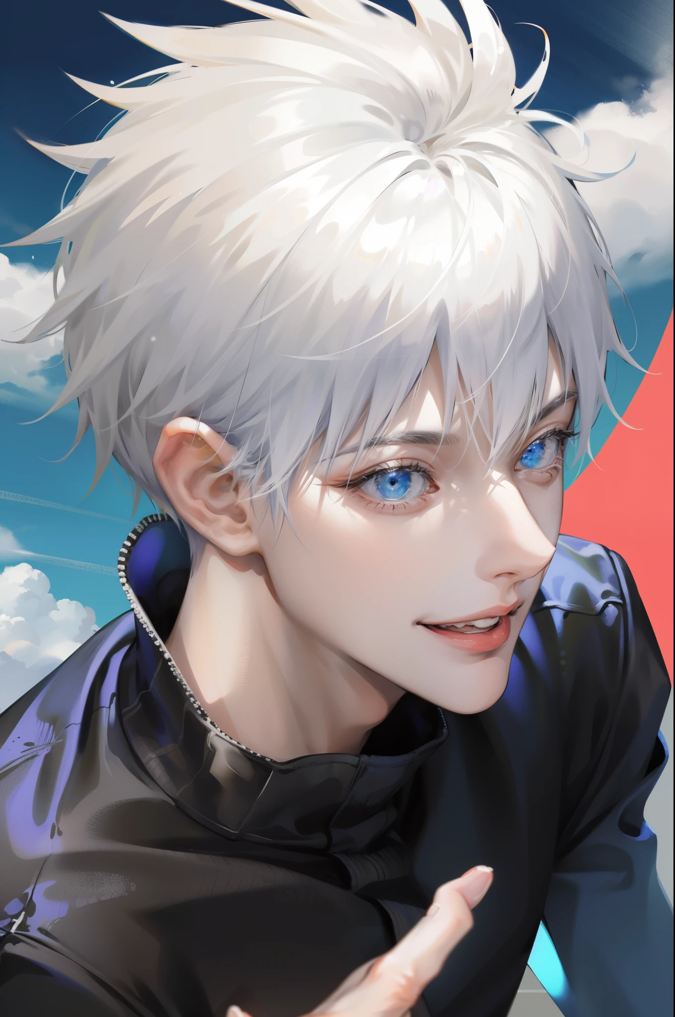 (masterpiece, best quality:1.2), (hyperdetailed face), (Super well-formed face), close up, face focus, solo, male focus, 1boy, gojo satoru, smile, looking at viewer, white hair, blue eyes, crystal clear eyes, beautiful pupils, beautiful detailed eyes, long eyelashes, black sweater, long sleeves, black pants, lift sunglasses, beautiful blue sky, summer sky