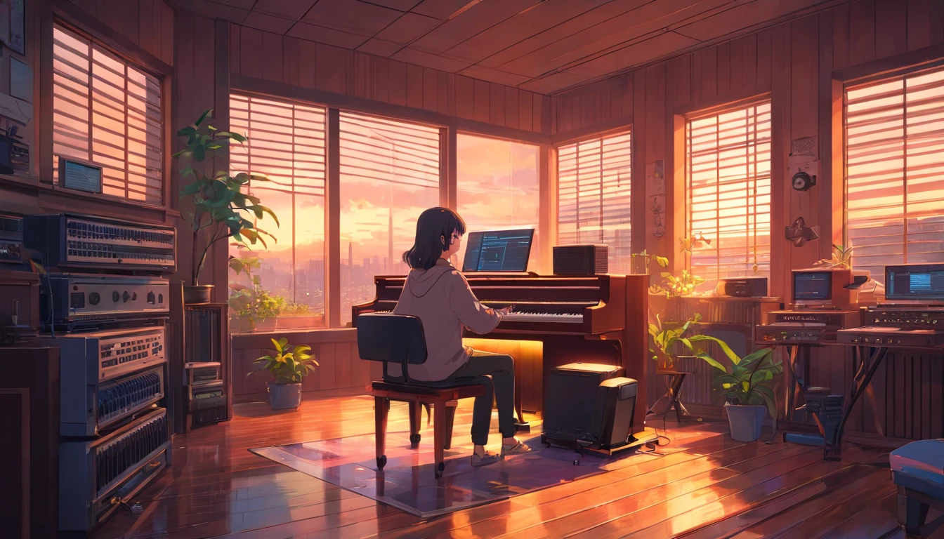 There is a music studio room with a table, a chair, and computer monitor,keyboard,pianos,and guitar,arranger mixer,Equipment cables,rainy evening，Digital painting inspired by Beeple, window shutters, concept-art, 3d rendering beeple, interior background art