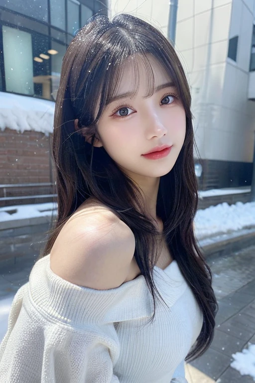 (Oversized knit off shoulder)、Naughty Poses(top-quality,masterpiece:1.3,超A high resolution,),(ultra-detailliert,Caustics),(Photorealsitic:1.4,RAW shooting,)Ultra-realistic capture,A highly detailed,high-definition16Kfor human skin、 Skin texture is natural、、The skin looks healthy with an even tone、 Use natural light and color,One Woman,japanes,,kawaii,A dark-haired,Middle hair,(depth of fields、chromatic abberation、、Wide range of lighting、Natural Shading、)、(Falling snow:2:1)(Hair swaying in the wind:1.2)、(At night, Snow reflects off the exterior lights:1.1)、beutiful breast、Beautiful valley、