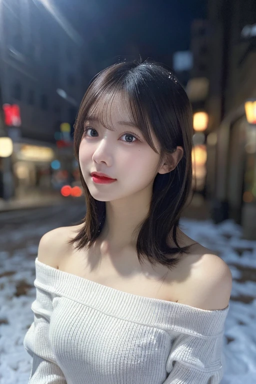 (Oversized white knit off shoulder)、pose sensual(top-quality,​masterpiece:1.3,超A high resolution,),(ultra-detailliert,Caustics),(Photorealsitic:1.4,RAW shooting,)Ultra-realistic capture,A highly detailed,high-definition16Kfor human skin、 Skin texture is natural、、The skin looks healthy with an even tone、 Use natural light and color,One Woman,japanes,,kawaii,A dark-haired,Middle hair,(depth of fields、chromatic abberation、、Wide range of lighting、Natural Shading、)、(Falling snow:2:1)(Hair swaying in the wind:1.2)、(At night, Snow reflects off the exterior lights:1.1)、beutiful breast、Beautiful valley、