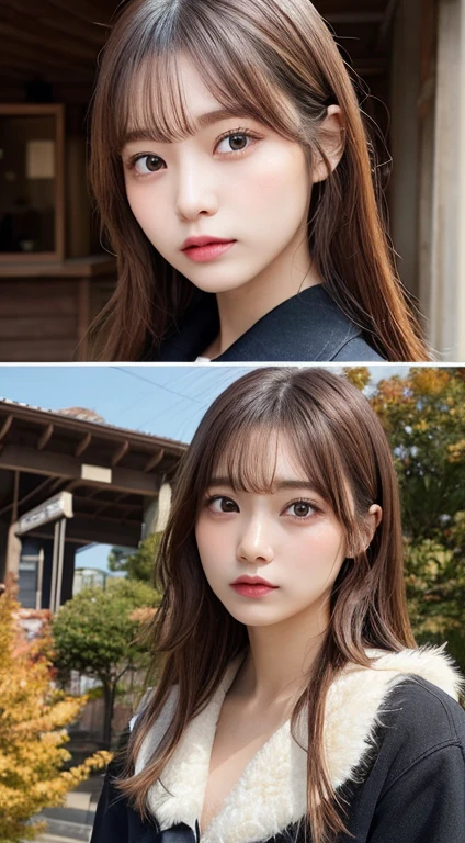 masutepiece, Best Quality, Illustration, Ultra-detailed, finely detail, hight resolution, 8K Wallpaper, Perfect dynamic composition, Beautiful detailed eyes, Women's Fashion Autumn,Medium Hair,Small breasts natural color lip,,Harajuku、20 years girl、Cute、Sexy shot looking at camera、autumnal、Wood Bright、Transparency、Sadness face、Bleach Color、Roots Color、Shador Arts、Color Sweep、Bleach Hair