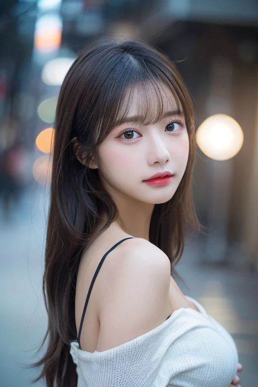 (Oversized white knit off shoulder)、pose sensual(top-quality,masterpiece:1.3,超A high resolution,),(ultra-detailliert,Caustics),(Photorealsitic:1.4,RAW shooting,)Ultra-realistic capture,A highly detailed,high-definition16Kfor human skin、 Skin texture is natural、、The skin looks healthy with an even tone、 Use natural light and color,One Woman,japanes,,kawaii,A dark-haired,Middle hair,(depth of fields、chromatic abberation、、Wide range of lighting、Natural Shading、)、(Falling snow:2:1)(Hair swaying in the wind:1.2)、(At night, Snow reflects off the exterior lights:1.1)、beutiful breast、Beautiful valley、
